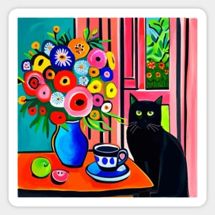 Black Cat with Cute Abstract Flowers in a Blue Vase Still Life Painting Sticker